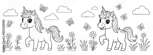 cute coloring page with unicorn and spring garden flowers. you can print it on 8.5x11 inch paper	