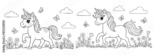 cute coloring page with unicorn and spring garden flowers. you can print it on 8.5x11 inch paper	