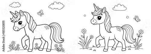 cute coloring page with unicorn and spring garden flowers. you can print it on 8.5x11 inch paper	