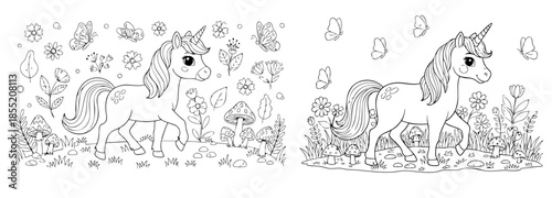 cute coloring page with unicorn and spring garden flowers. you can print it on 8.5x11 inch paper	