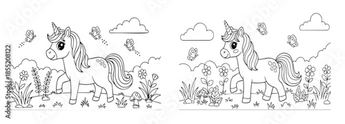 cute coloring page with unicorn and spring garden flowers. you can print it on 8.5x11 inch paper	