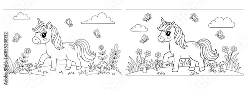 cute coloring page with unicorn and spring garden flowers. you can print it on 8.5x11 inch paper	