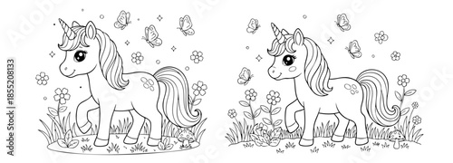 cute coloring page with unicorn and spring garden flowers. you can print it on 8.5x11 inch paper	
