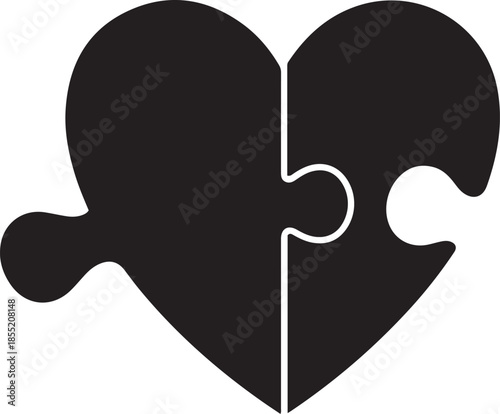 Black and white puzzle piece heart symbol on a white background