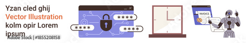 Data security, privacy, artificial intelligence, technology, time management, online verification. A digital lock, password input clock and robot interacting with a screen. Cybersecurity