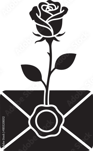Black and white rose growing from sealed envelope