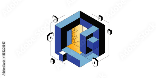 Isometric data security cube illustration with blue and black 3D blocks, glowing storage room interior and surrounding padlock icons