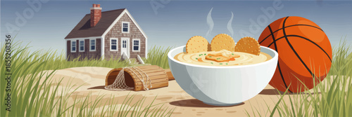 Cozy coastal cottage scene with steaming soup bowl, crackers, basketball and crab trap on sandy beach illustration