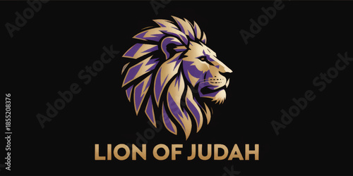Lion of Judah logo, majestic purple and gold lion head illustration on black background, Christian symbolism, royal emblem design
