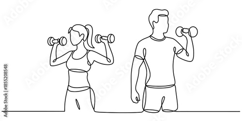 Continuous line art drawing of a man and woman exercising with dumbbells together Vector, illustration