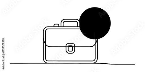 Continuous line drawing of a minimalist briefcase with abstract black circle element Vector, illustration