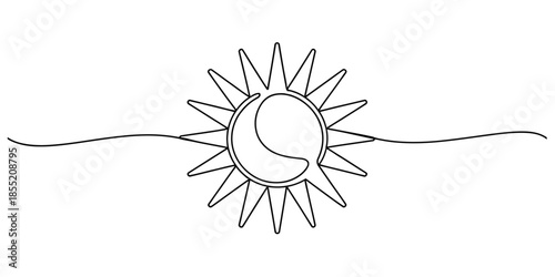 One line drawing of the sun and crescent moon in a simple continuous stroke style Vector, illustration