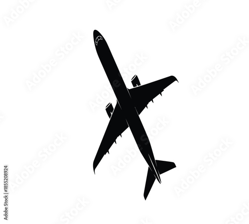 Silhouetted airplane flying against a plain white background a striking visual