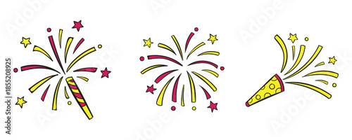 Colorful Festive Firework and Popper Burst Vectors Vibrant Yellow and Pink Celebration Design Elements