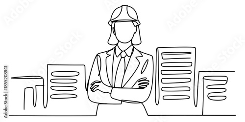 Continuous line art of a professional engineer in a hard hat with buildings in background Vector, illustration