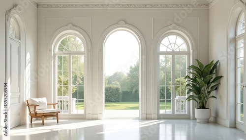 Bright empty classic room with large arched windows looking onto lush garden lawn. Sunlight streams into elegant white space, highlighting minimalist furniture and houseplant. Architecture interior.