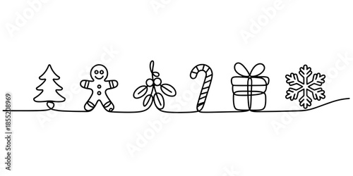 A continuous line art collection featuring classic christmas symbols like gingerbread man and snowflake. Vector, illustration