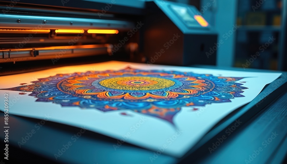 Fototapeta premium Industrial printer creates detailed colorful mandala art print on paper. Machine produces intricate design with precision, showing creative production process. Modern tech makes visual art.