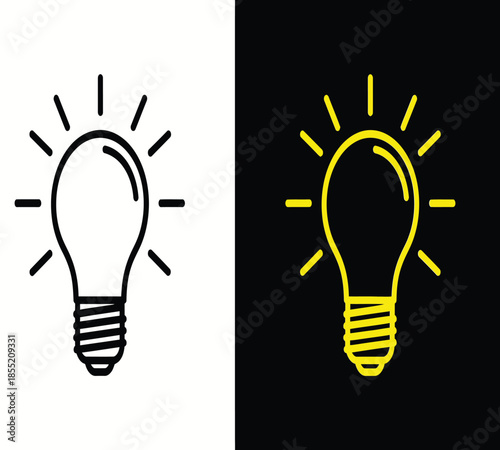 Dual light bulb icons depicting contrasting concepts of darkness and illumination