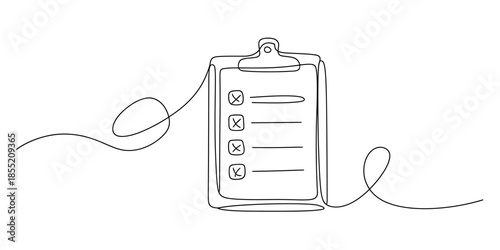 Continuous line art drawing of a clipboard checklist with check marks on a white background Vector, illustration