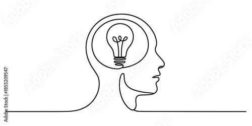 Continuous line drawing showing a human head silhouette with a lightbulb inside as an idea concept Vector, illustration