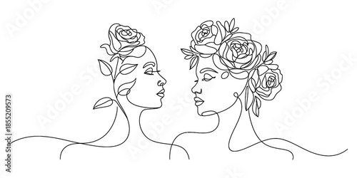 Elegant single line art illustration of two feminine profiles adorned with roses Vector, illustration