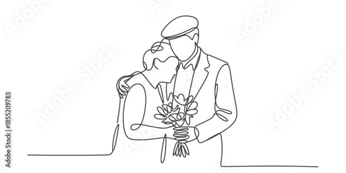 Continuous line drawing of an older couple sharing a loving embrace Vector, illustration