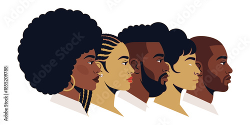 A diverse group of people with various afro textures and skin tones in profile