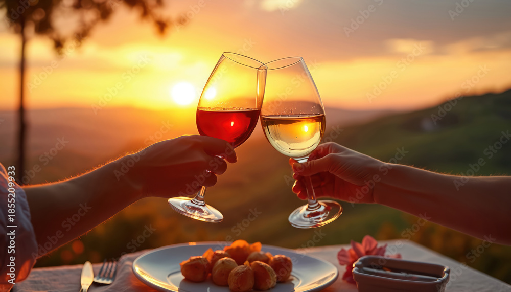 Fototapeta premium Couple hands toast wine glasses at sunset over rolling hills. Appetizers and cutlery on table suggest romantic outdoor dining. Golden light bathes the scenic landscape.