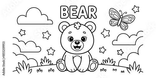 Cute bear sitting in nature with butterfly and clouds Vector, illustration