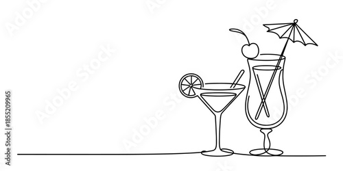Continuous line art drawing showing two different types of cocktail glasses with garnishes Vector, illustration