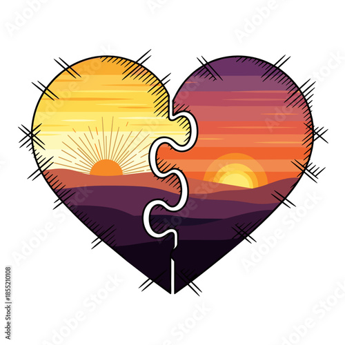 Heart-shaped puzzle pieces depicting sunset and sunrise landscapes  