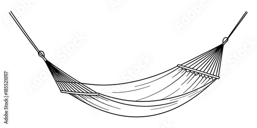 A simple line drawing of a fabric hammock suspended between two points Vector, illustration