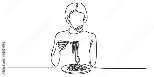 Continuous line art drawing of a person eating spaghetti at a table Vector, illustration