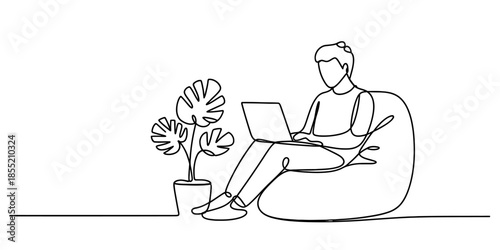 Continuous line drawing of a person sitting comfortably on a bean bag chair and working on a laptop with a plant beside them. Vector, illustration