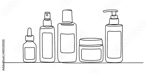 A continuous line art drawing of various cosmetic product bottles and containers Vector, illustration