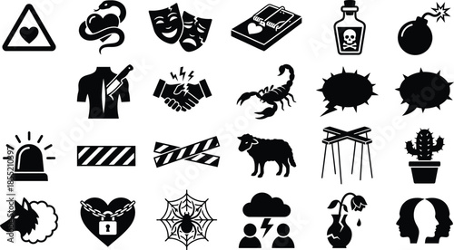 Set of danger and toxic relationship silhouette icons. Vector black warning signs, betrayal, heartbreak, and trap symbols for concept design.