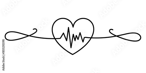 A minimalist single line drawing of a heart with a heartbeat inside and decorative flourishes Vector, illustration