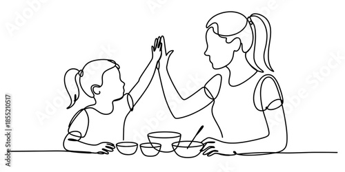 A single continuous line drawing of a mother and daughter sharing a high five at the table Vector, illustration