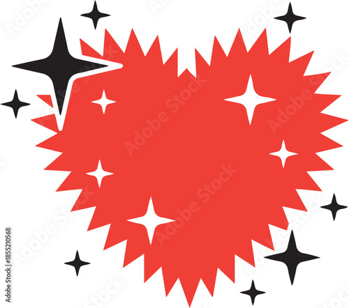 Red starburst with black star accents on white background stars