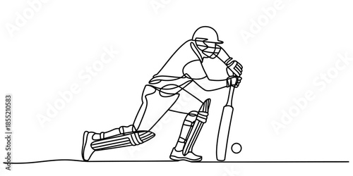 A minimalist single continuous line drawing of a cricket player in full gear taking a batting stance Vector, illustration