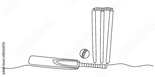 A single line drawing of cricket equipment including bat ball and wickets Vector, illustration