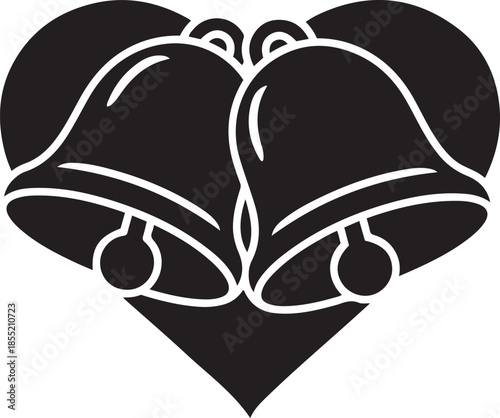 Two black bells with white outlines and clappers on a white background