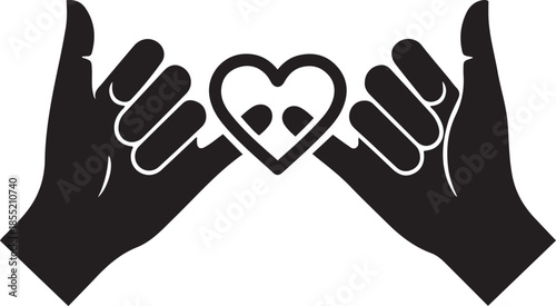 Two hands forming a heart shape with the word love in sign language black and white