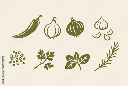 Herbs and garlic doodle line icon set vector illustration