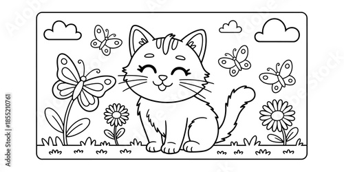 An adorable smiling cat sitting in a field surrounded by butterflies and flowers Vector, illustration