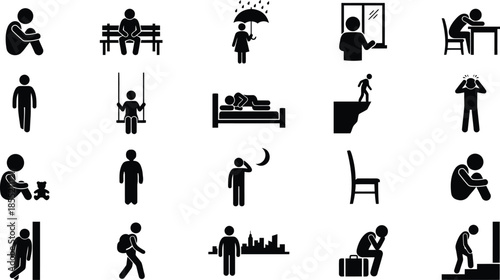 Collection of sad human silhouette icons. Vector black stick figures representing grief, stress, and mental health problems.