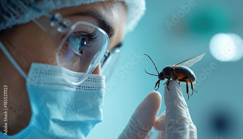 Scientist in sterile gear examines specimen with intense focus. Microscopic insect held carefully on gloved finger. Lab research into biology, entomology, and pest control.