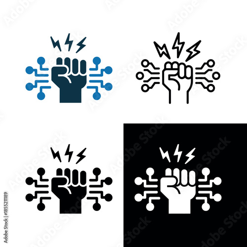 Digital power and technology strength concept represented by a clenched fist with circuit board elements and lightning bolts