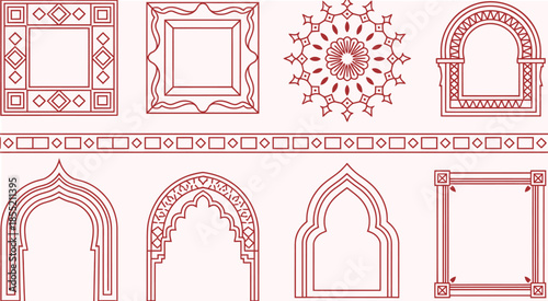 Geometric frames and borders with Islamic patterns, seamless vector design featuring intricate arabesque motifs, decorative elements for cultural artwork, architecture